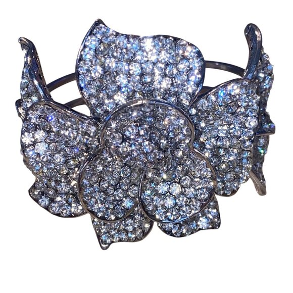 Silver-Tone Crystal-Encrusted Flower Bracelet Cuff - Picture 1 of 8